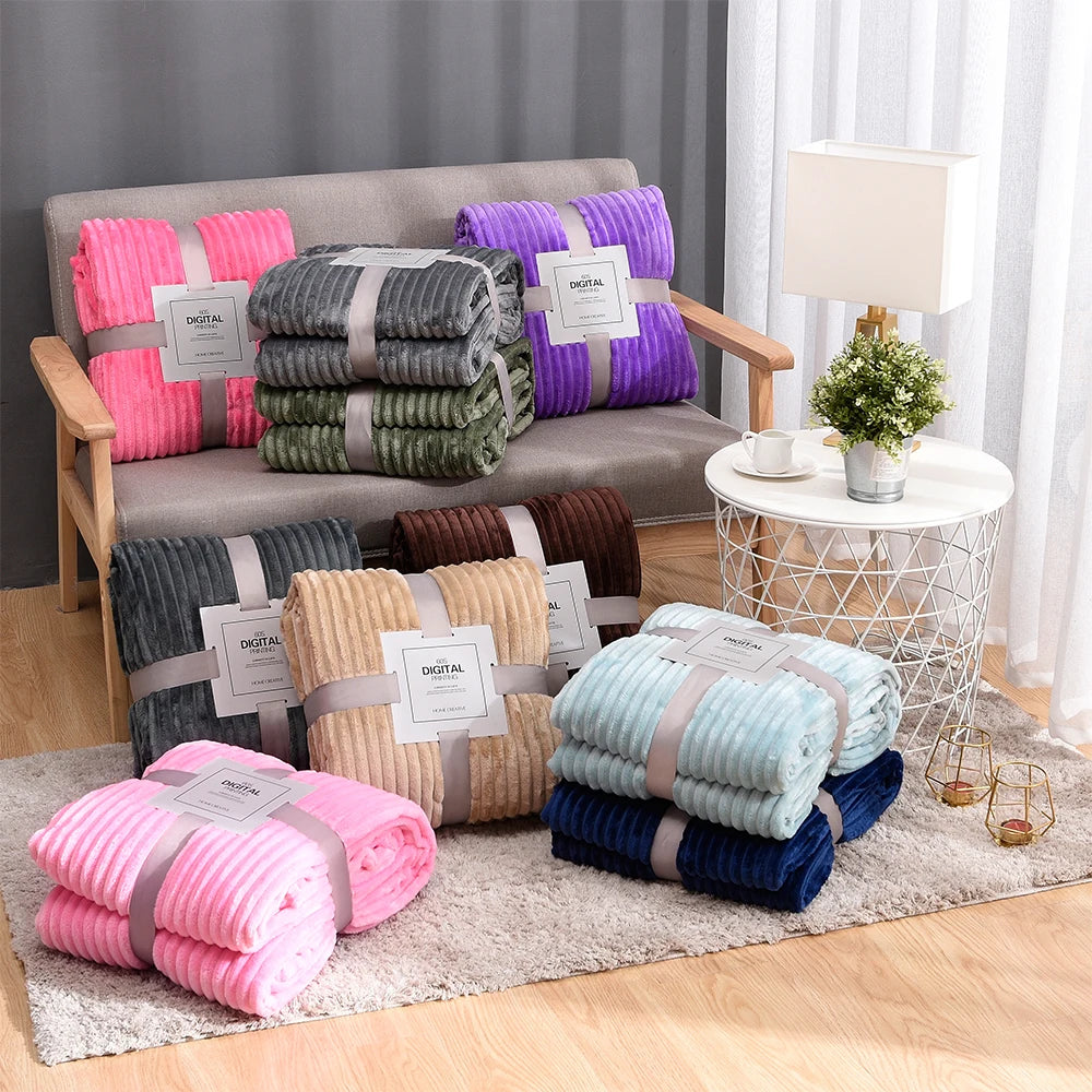 Super Soft Quilted Flannel Blankets for Beds Solid Striped Mink Throw Sofa Cover Bedspread Winter Warm Blankets