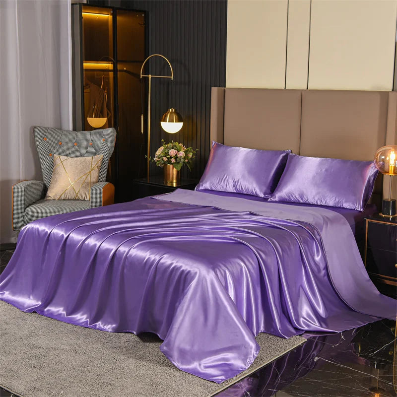 Satin Bed Sheets, Set 1 Deep Pocket Fitted Sheet + 1 Flat Sheet + 2 Pillowcases