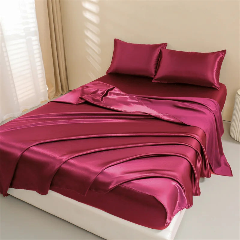 Satin Bed Sheets, Set 1 Deep Pocket Fitted Sheet + 1 Flat Sheet + 2 Pillowcases