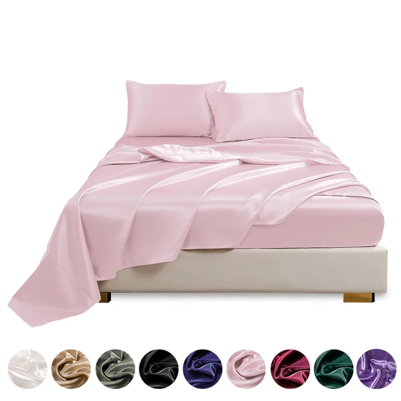 Satin Bed Sheets, Set 1 Deep Pocket Fitted Sheet + 1 Flat Sheet + 2 Pillowcases