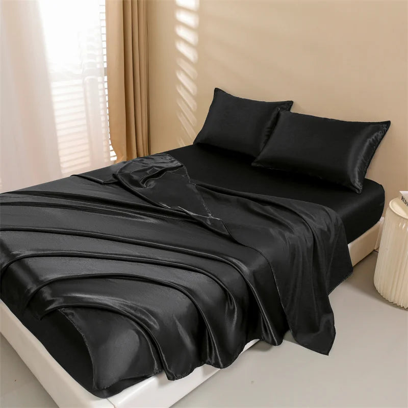 Satin Bed Sheets, Set 1 Deep Pocket Fitted Sheet + 1 Flat Sheet + 2 Pillowcases