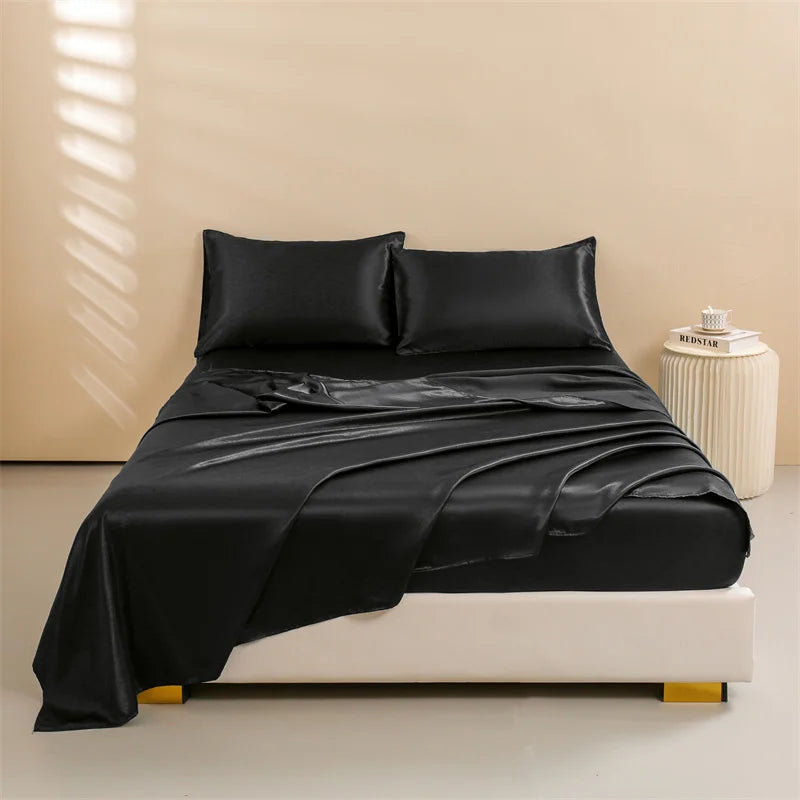 Satin Bed Sheets, Set 1 Deep Pocket Fitted Sheet + 1 Flat Sheet + 2 Pillowcases