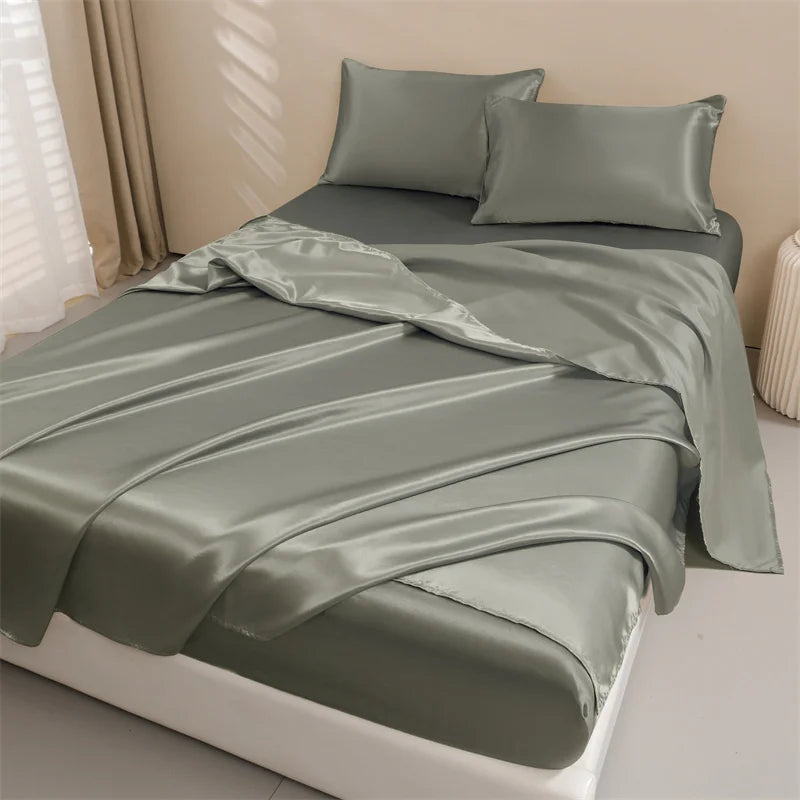 Satin Bed Sheets, Set 1 Deep Pocket Fitted Sheet + 1 Flat Sheet + 2 Pillowcases