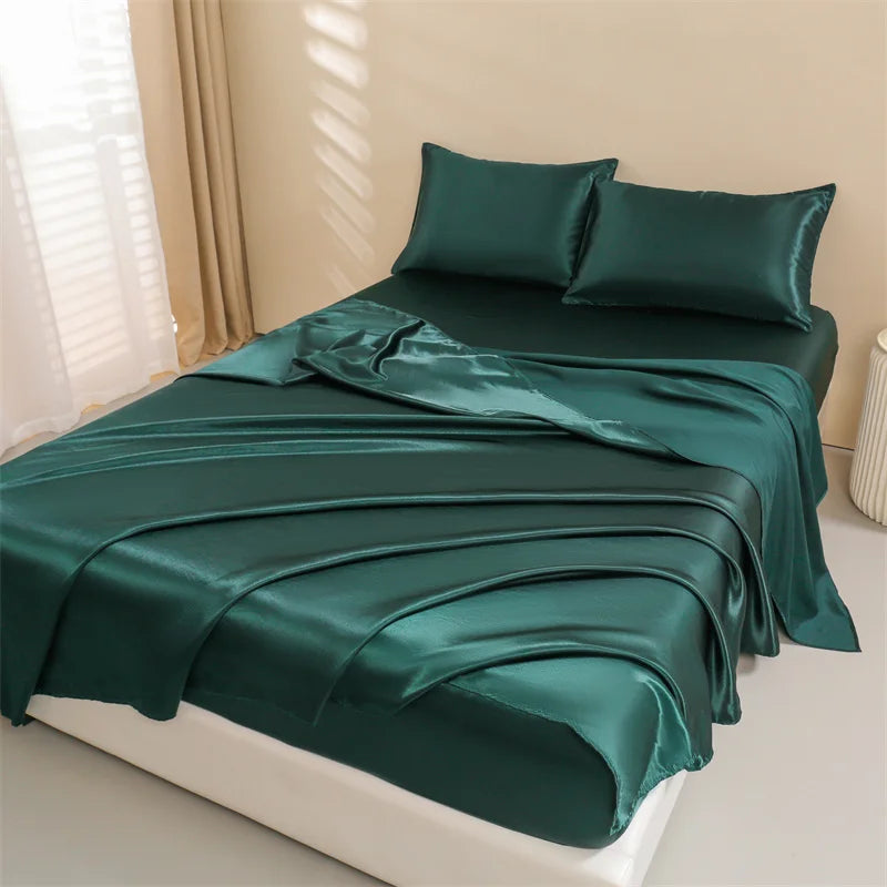 Satin Bed Sheets, Set 1 Deep Pocket Fitted Sheet + 1 Flat Sheet + 2 Pillowcases