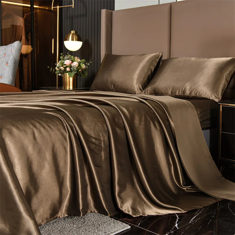 Satin Bed Sheets, Set 1 Deep Pocket Fitted Sheet + 1 Flat Sheet + 2 Pillowcases