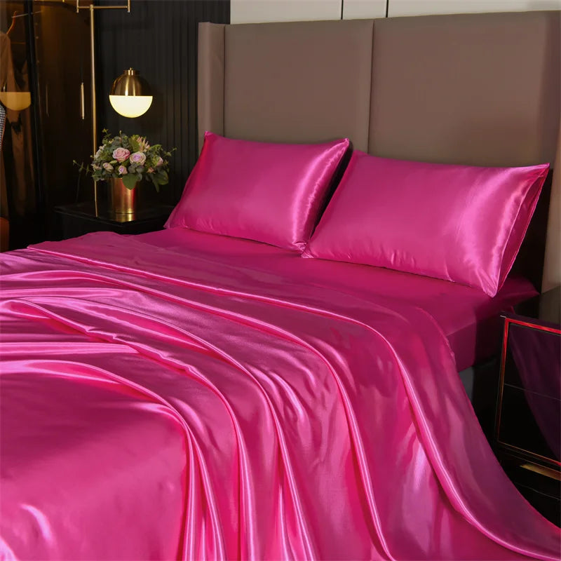 Satin Bed Sheets, Set 1 Deep Pocket Fitted Sheet + 1 Flat Sheet + 2 Pillowcases