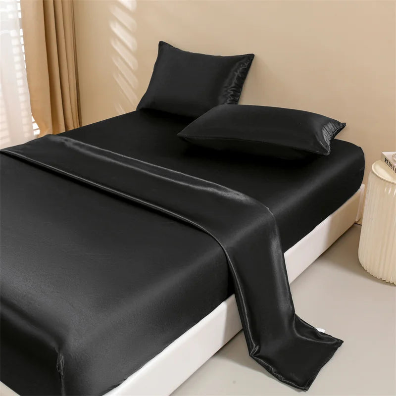 Satin Bed Sheets, Set 1 Deep Pocket Fitted Sheet + 1 Flat Sheet + 2 Pillowcases