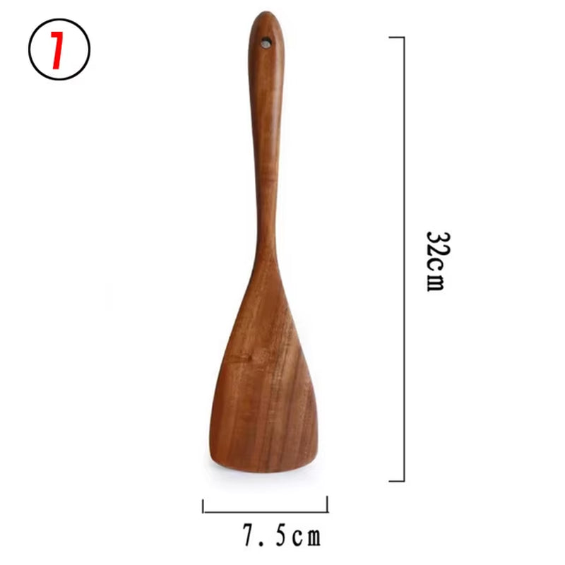 Wooden Kitchen Utensils Set, Wooden Spoons for Cooking Natural Teak Wood Non Stick Pots Kitchen Spatula Set for Cooking Gift