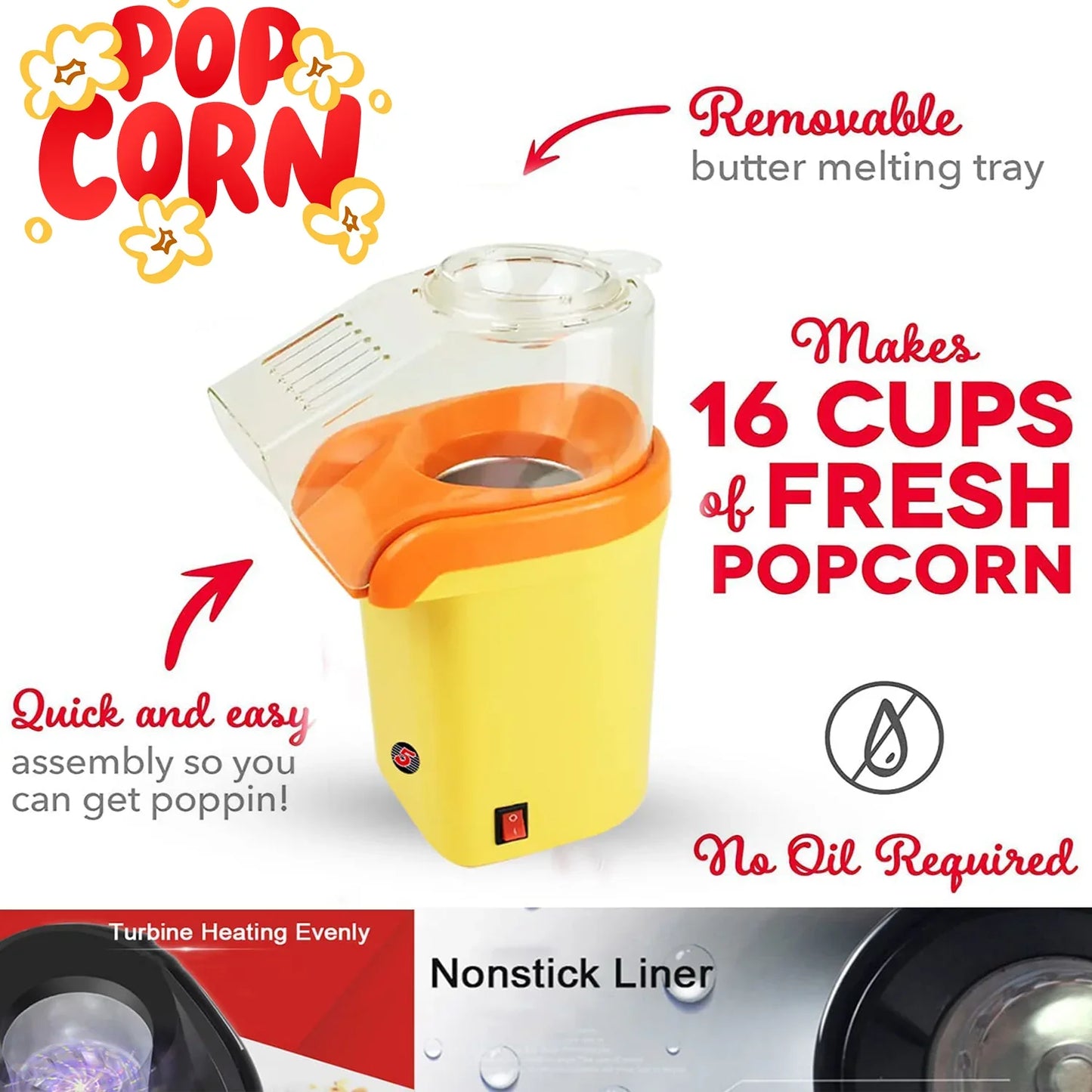 Popcorn Machine 16 Cup Hot Air Popper Mini Portable Electric Pop Corn Maker YELLOW