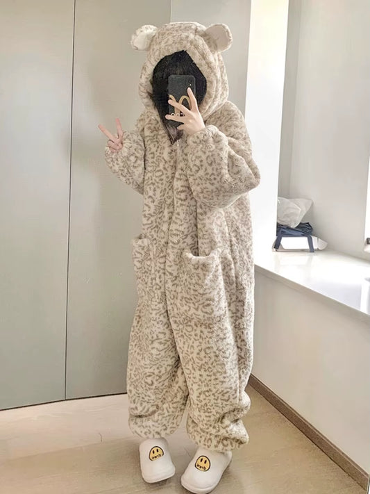 Pajamas Winter Flannel Leopard Bear Suit Plush Warm Christmas Sleepwear 