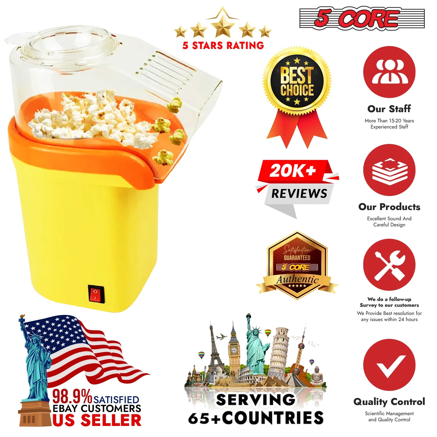 Popcorn Machine 16 Cup Hot Air Popper Mini Portable Electric Pop Corn Maker YELLOW