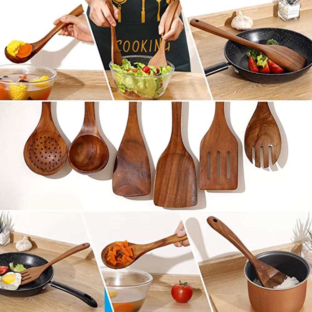 Wooden Kitchen Utensils Set, Wooden Spoons for Cooking Natural Teak Wood Non Stick Pots Kitchen Spatula Set for Cooking Gift