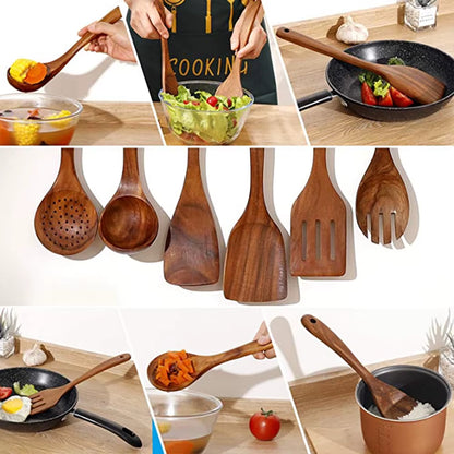 Wooden Kitchen Utensils Set, Wooden Spoons for Cooking Natural Teak Wood Non Stick Pots Kitchen Spatula Set for Cooking Gift