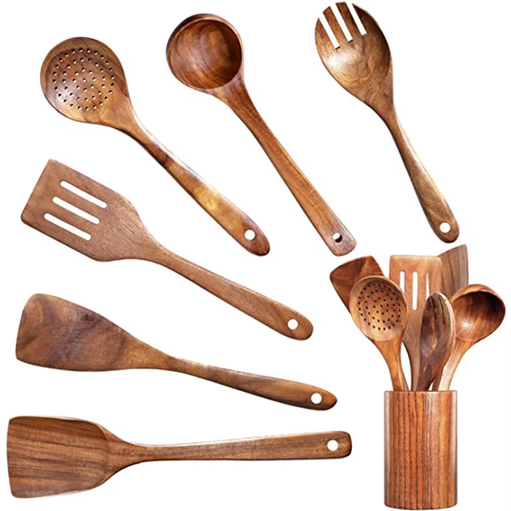 Wooden Kitchen Utensils Set, Wooden Spoons for Cooking Natural Teak Wood Non Stick Pots Kitchen Spatula Set for Cooking Gift
