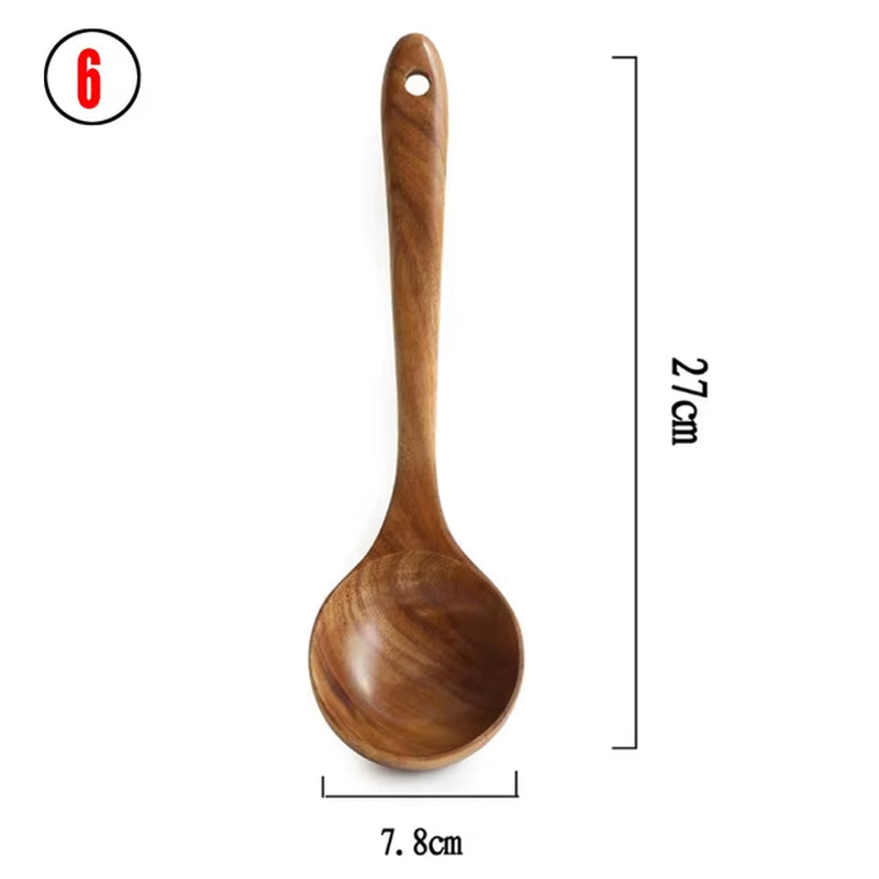 Wooden Kitchen Utensils Set, Wooden Spoons for Cooking Natural Teak Wood Non Stick Pots Kitchen Spatula Set for Cooking Gift