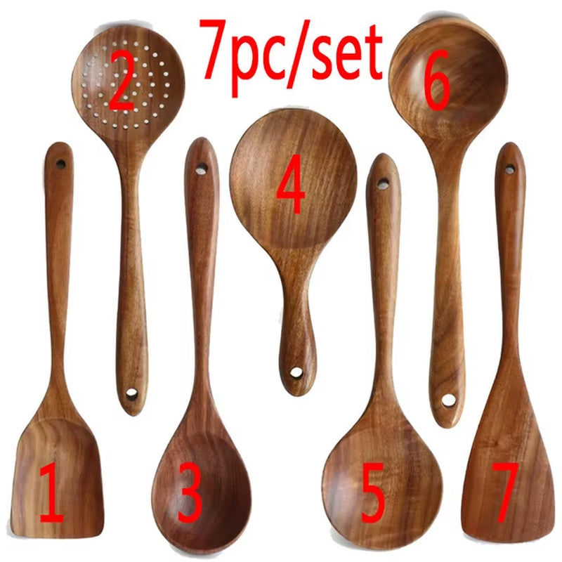 Wooden Kitchen Utensils Set, Wooden Spoons for Cooking Natural Teak Wood Non Stick Pots Kitchen Spatula Set for Cooking Gift