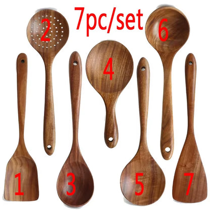 Wooden Kitchen Utensils Set, Wooden Spoons for Cooking Natural Teak Wood Non Stick Pots Kitchen Spatula Set for Cooking Gift
