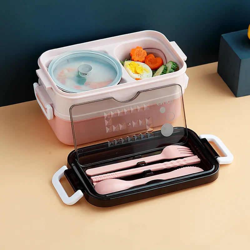 Double Layer Stainless Steel Lunch Box with Soup Bowl Leak-Proof Bento Box Dinnerware Set Microwave Adult Student Food Container