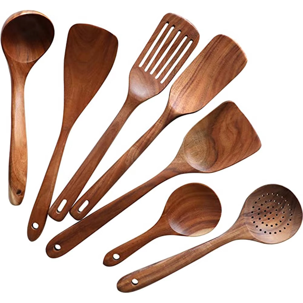 Wooden Kitchen Utensils Set, Wooden Spoons for Cooking Natural Teak Wood Non Stick Pots Kitchen Spatula Set for Cooking Gift