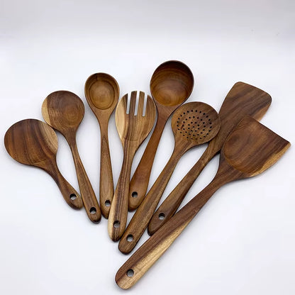 Wooden Kitchen Utensils Set, Wooden Spoons for Cooking Natural Teak Wood Non Stick Pots Kitchen Spatula Set for Cooking Gift