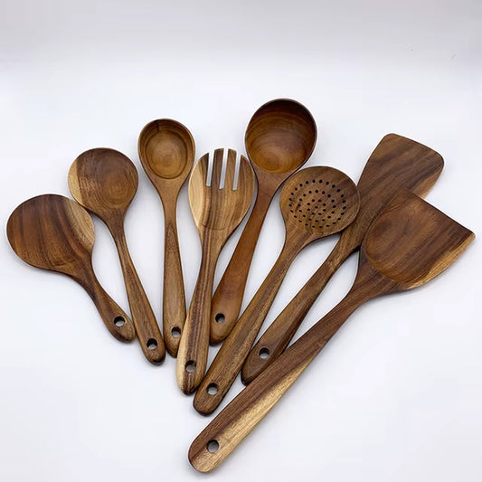 Wooden Kitchen Utensils Set, Wooden Spoons for Cooking Natural Teak Wood Non Stick Pots Kitchen Spatula Set for Cooking Gift
