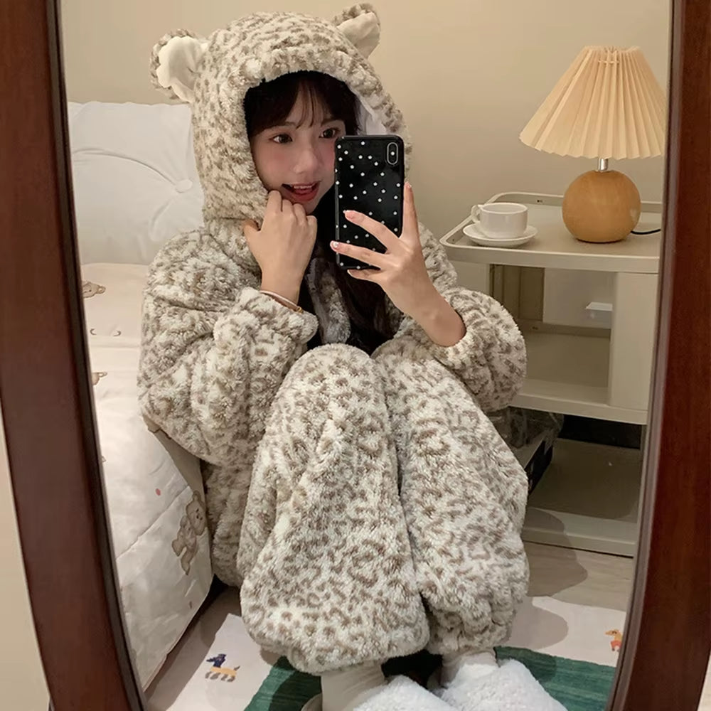 Pajamas Winter Flannel Leopard Bear Suit Plush Warm Christmas Sleepwear 