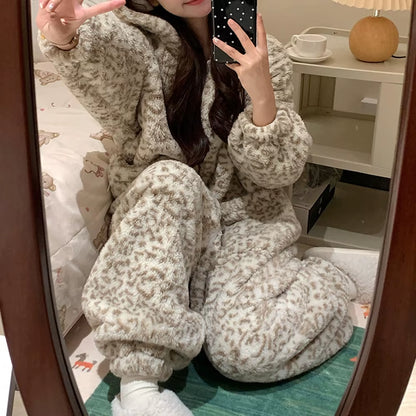 Pajamas Winter Flannel Leopard Bear Suit Plush Warm Christmas Sleepwear 