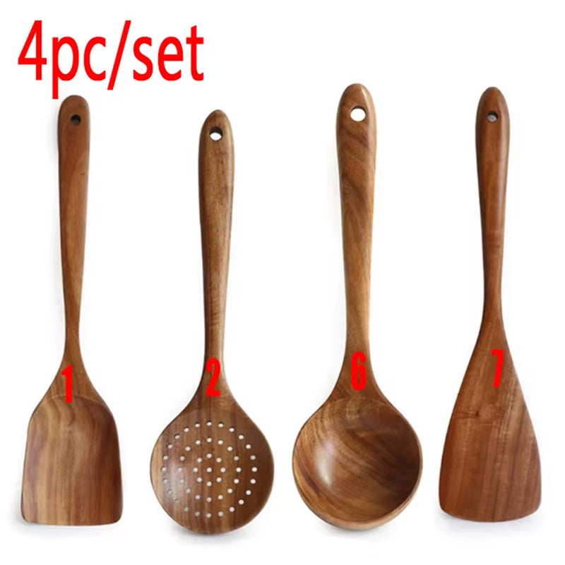 Wooden Kitchen Utensils Set, Wooden Spoons for Cooking Natural Teak Wood Non Stick Pots Kitchen Spatula Set for Cooking Gift
