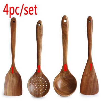 Wooden Kitchen Utensils Set, Wooden Spoons for Cooking Natural Teak Wood Non Stick Pots Kitchen Spatula Set for Cooking Gift