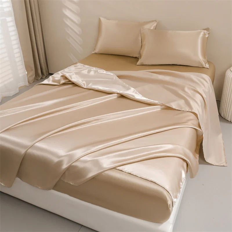 Satin Bed Sheets,  Set 1 Deep Pocket Fitted Sheet + 1 Flat Sheet + 2 Pillowcases