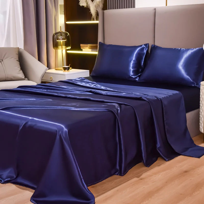 Satin Bed Sheets,  Set 1 Deep Pocket Fitted Sheet + 1 Flat Sheet + 2 Pillowcases