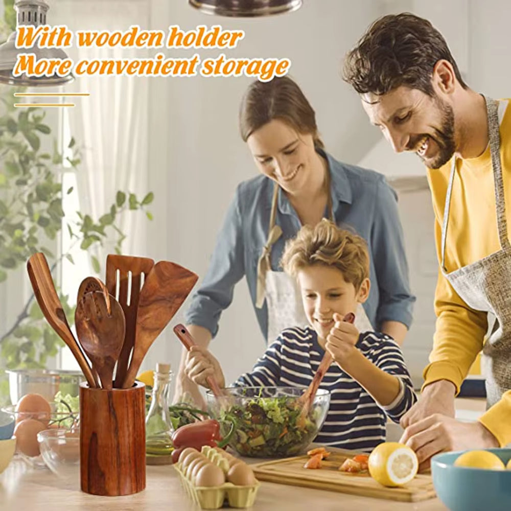 Wooden Kitchen Utensils Set, Wooden Spoons for Cooking Natural Teak Wood Non Stick Pots Kitchen Spatula Set for Cooking Gift