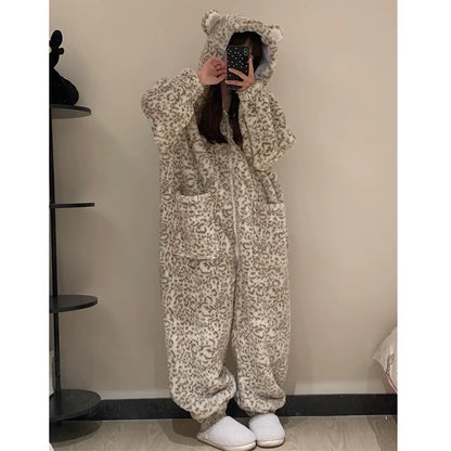 Pajamas Winter Flannel Leopard Bear Suit Plush Warm Christmas Sleepwear 