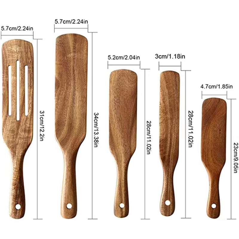 Wooden Kitchen Utensils Set, Wooden Spoons for Cooking Natural Teak Wood Non Stick Pots Kitchen Spatula Set for Cooking Gift