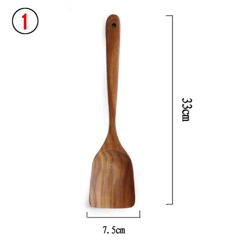 Wooden Kitchen Utensils Set, Wooden Spoons for Cooking Natural Teak Wood Non Stick Pots Kitchen Spatula Set for Cooking Gift
