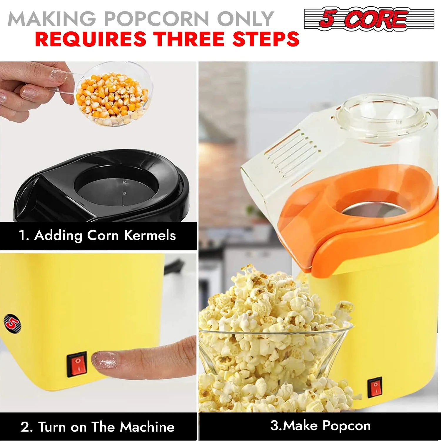 Popcorn Machine 16 Cup Hot Air Popper Mini Portable Electric Pop Corn Maker YELLOW