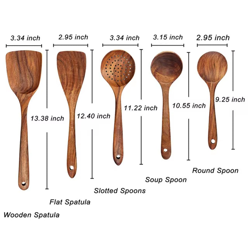 Wooden Kitchen Utensils Set, Wooden Spoons for Cooking Natural Teak Wood Non Stick Pots Kitchen Spatula Set for Cooking Gift