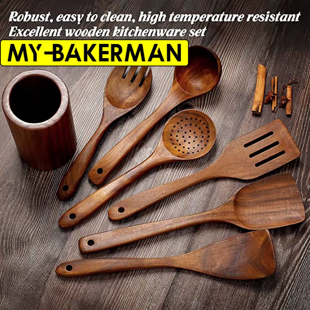 Wooden Kitchen Utensils Set, Wooden Spoons for Cooking Natural Teak Wood Non Stick Pots Kitchen Spatula Set for Cooking Gift